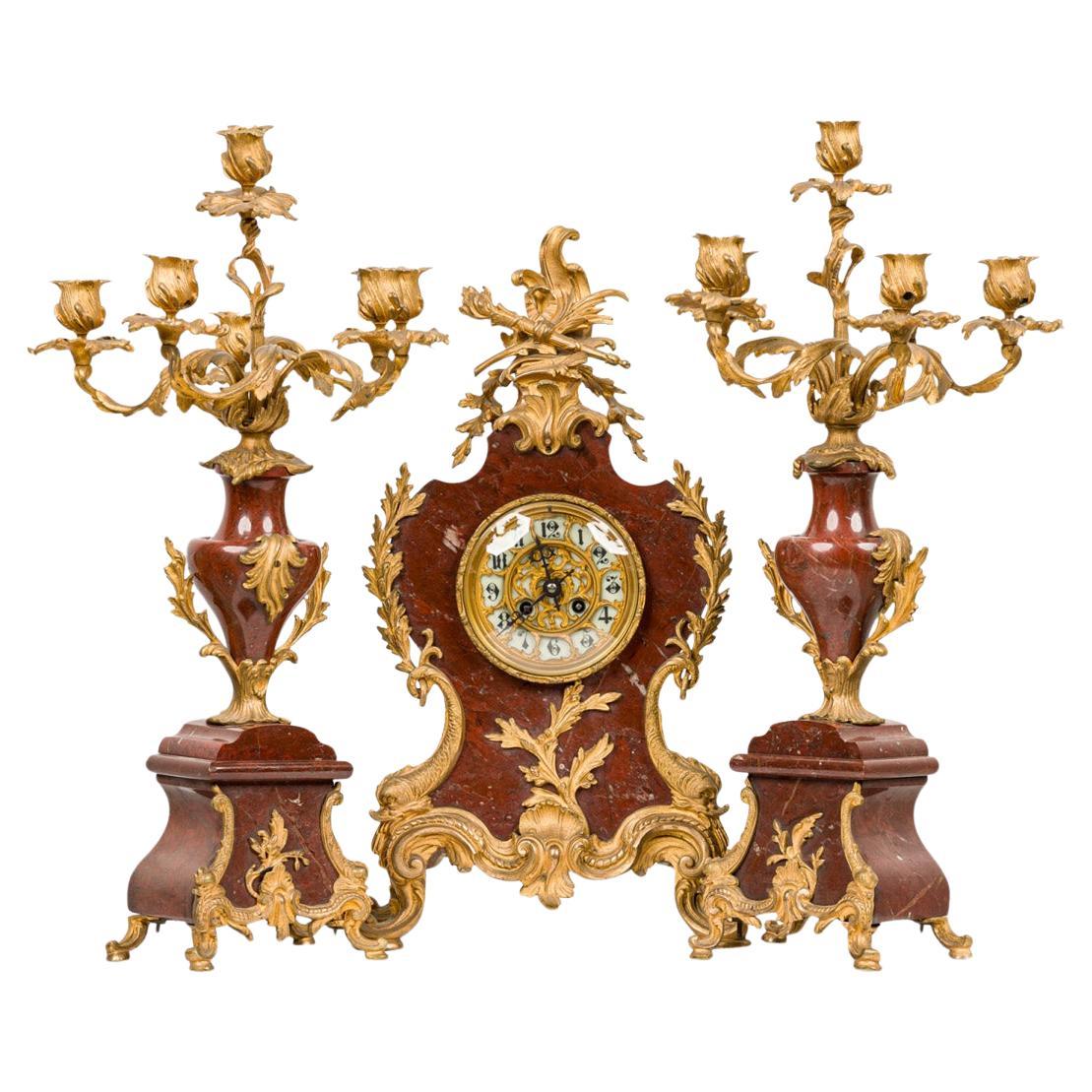 French Louis XV-Style Bronze Clock Set with Rouge Marble, 19th Century