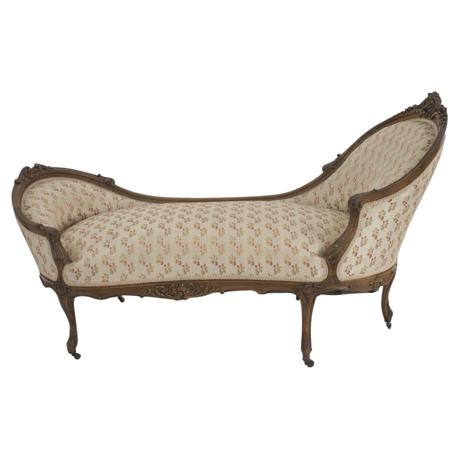 19th Century French Louis XV Chaise Longue with Floral Upholstery