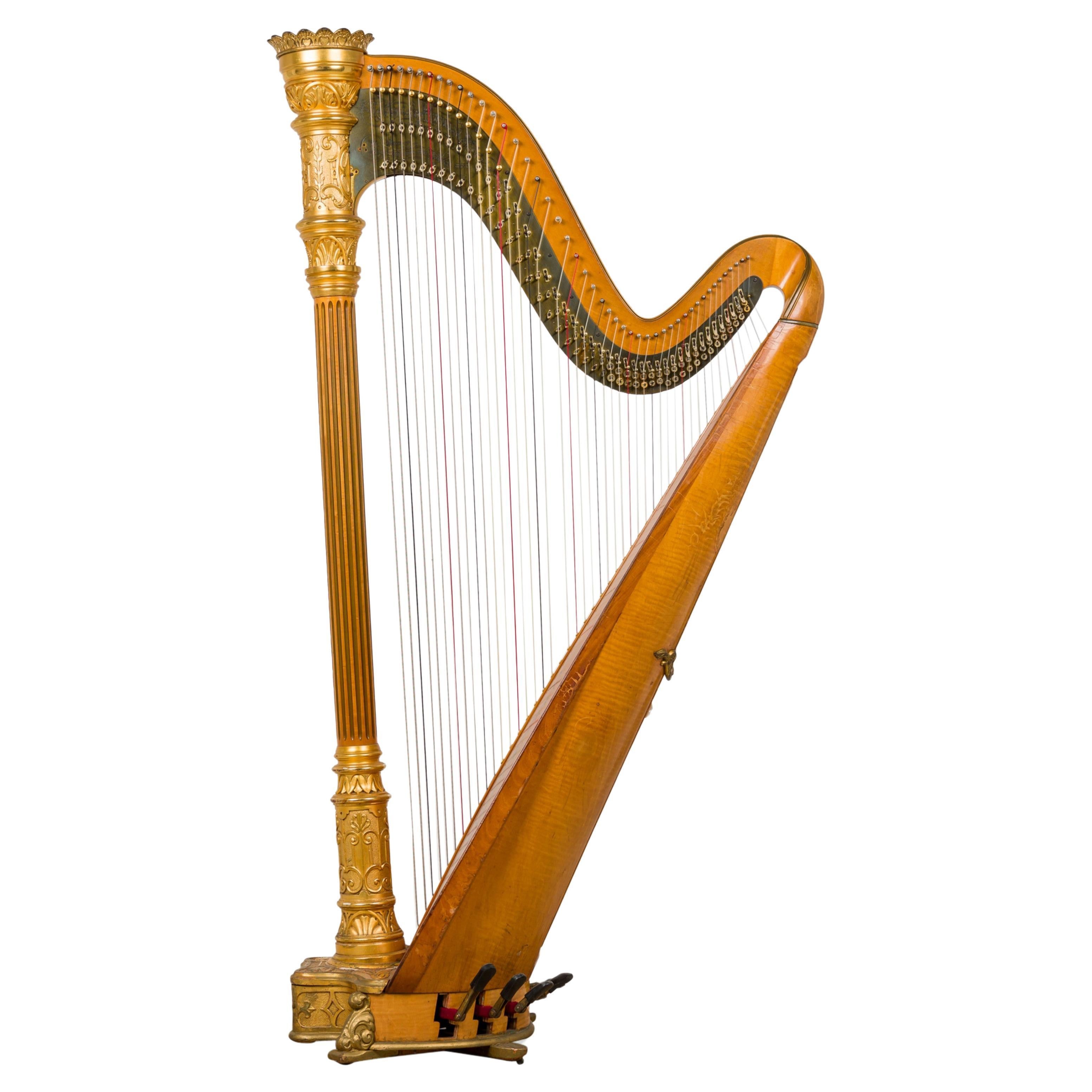 English Regency Harp by Lyon & Healy, Satinwood & Brass Art Deco