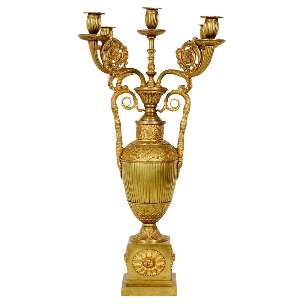 19th Century French Empire Bronze Dore Five-Arm Urn Candelabras For Sale