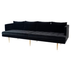 Contemporary Black Velvet Sofa, Modern Design, Gilt Metal Legs, USA