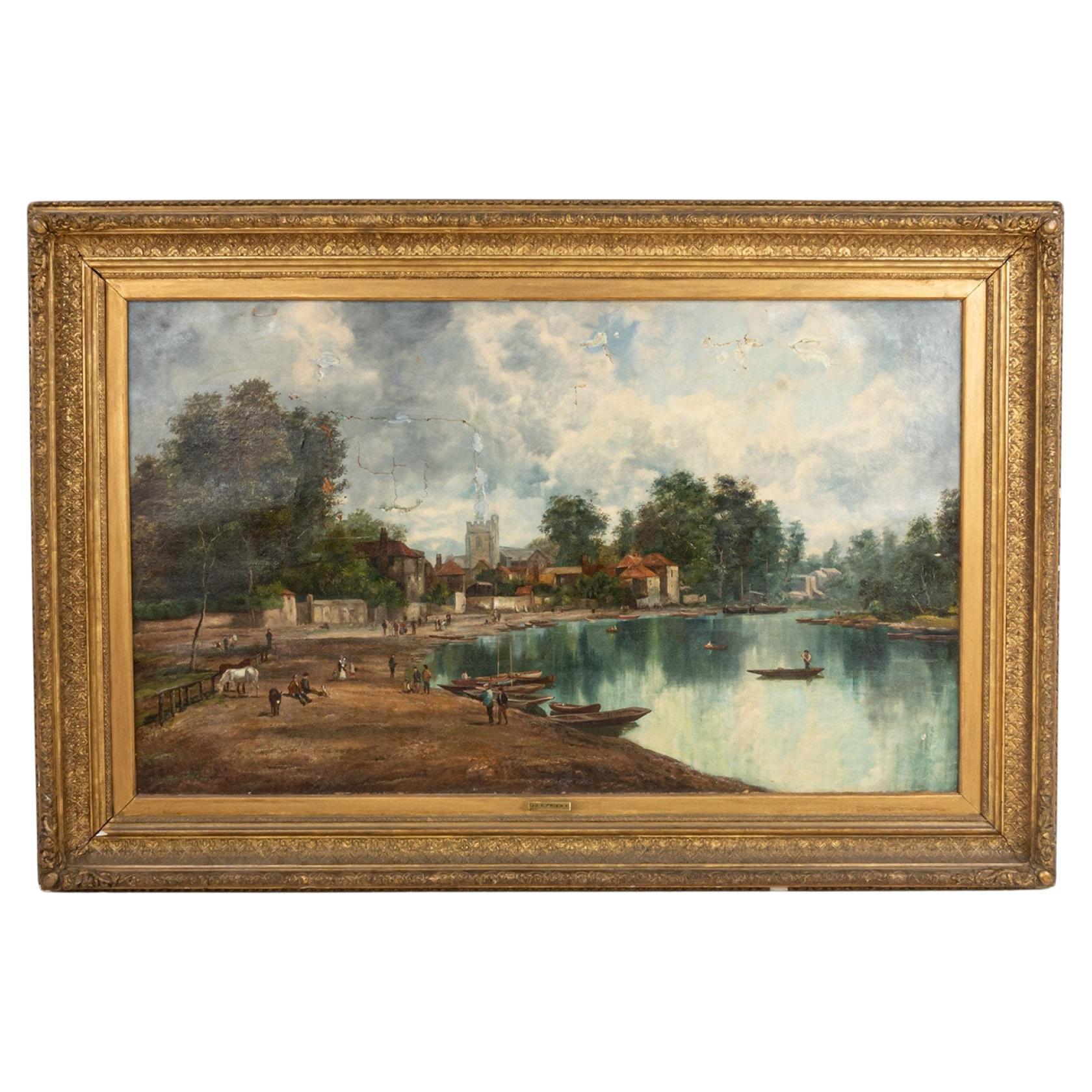 Vergoldetes, gerahmtes Ölgemälde mit Landschaftsmotiv, Biedermeier, 19. Jahrhundert