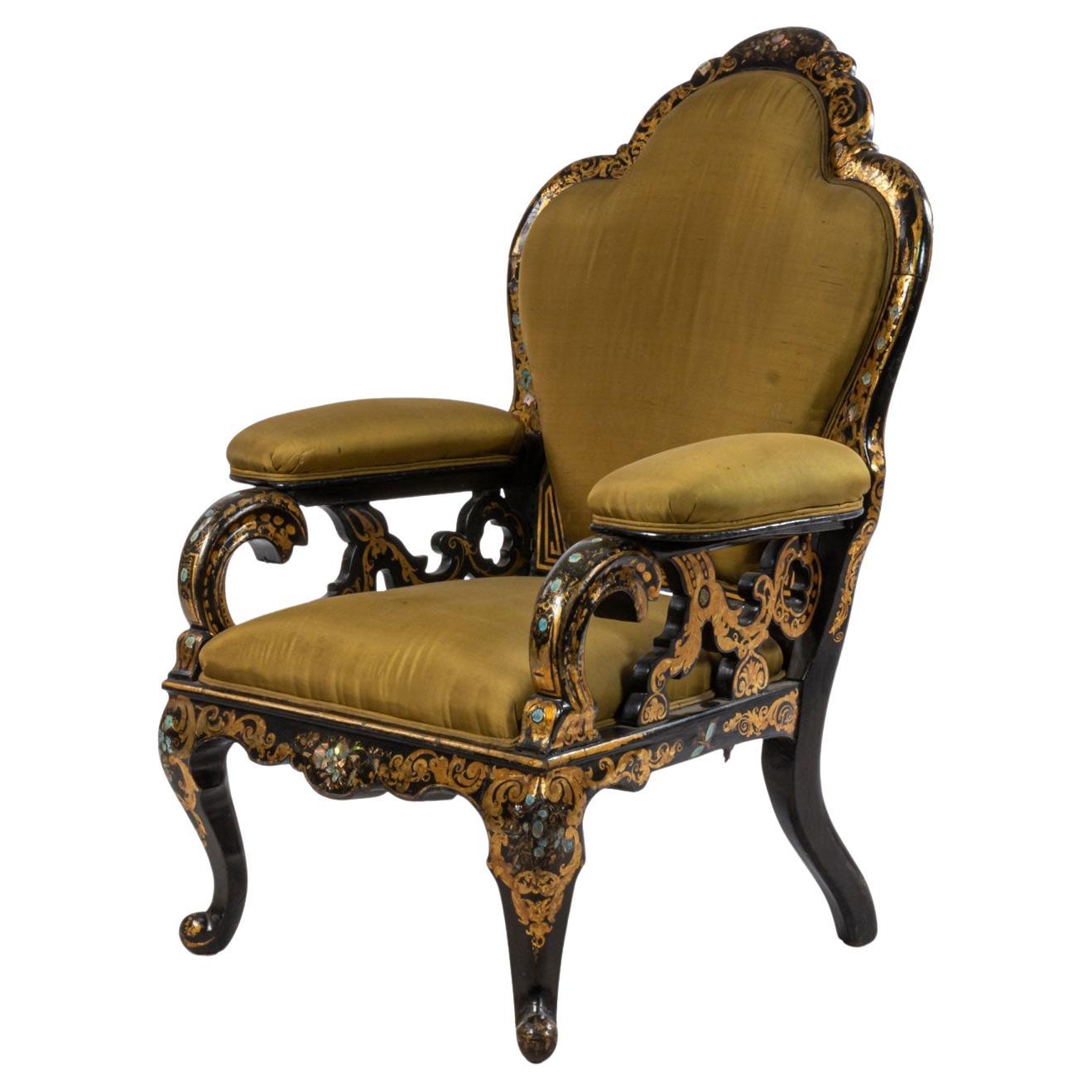 19th Century English Victorian Armchair with Green Satin Upholstery