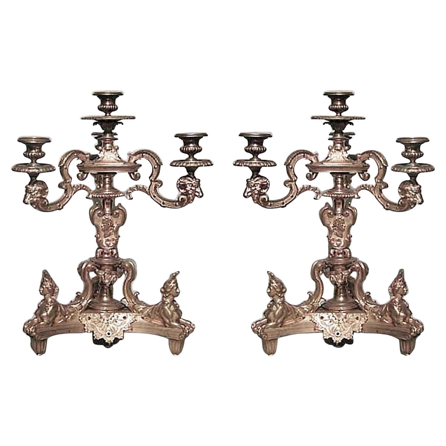 19th Century French Empire Bronze Dore Candelabras with Sphinx Figures