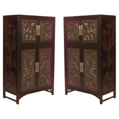 19th Century Chinese Black Lacquered Coromandel Cabinets, Carved Pair