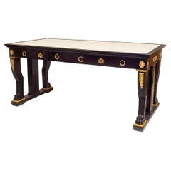 19th Century French Empire Writing Table, Ebonized Mahogany & Leather