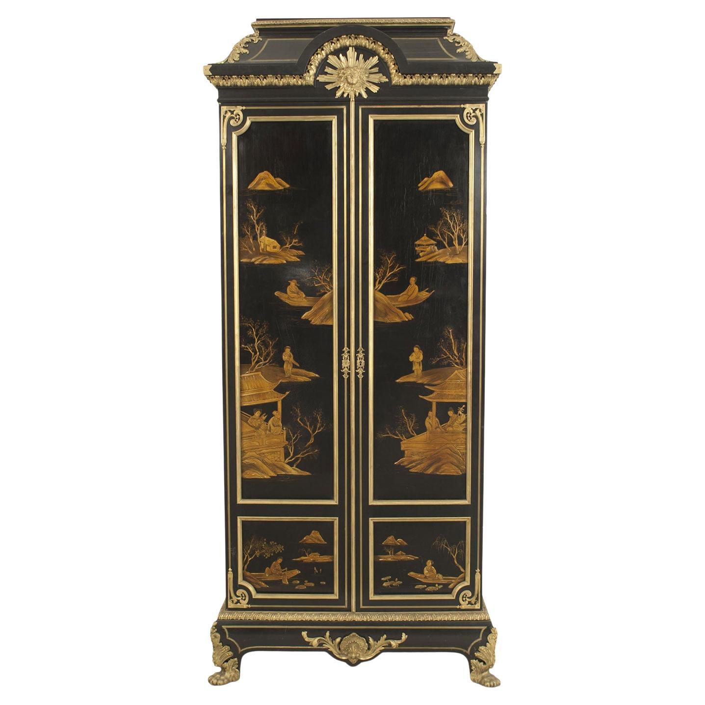 19th Century French Victorian Black Lacquered Chinoiserie Armoire