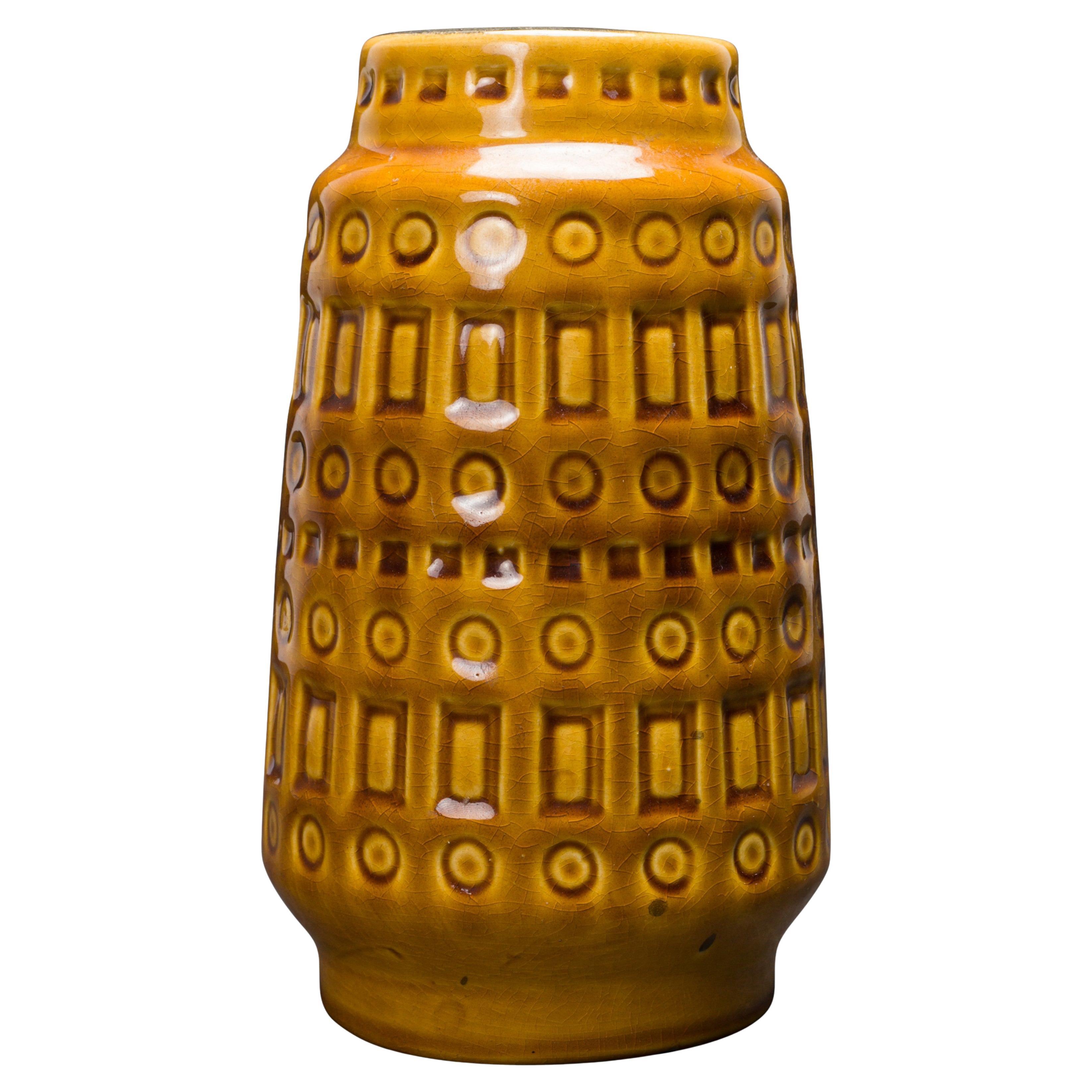 Scheurich Inka Pattern Ceramic Vase, Goldenrod Glaze, Germany For Sale
