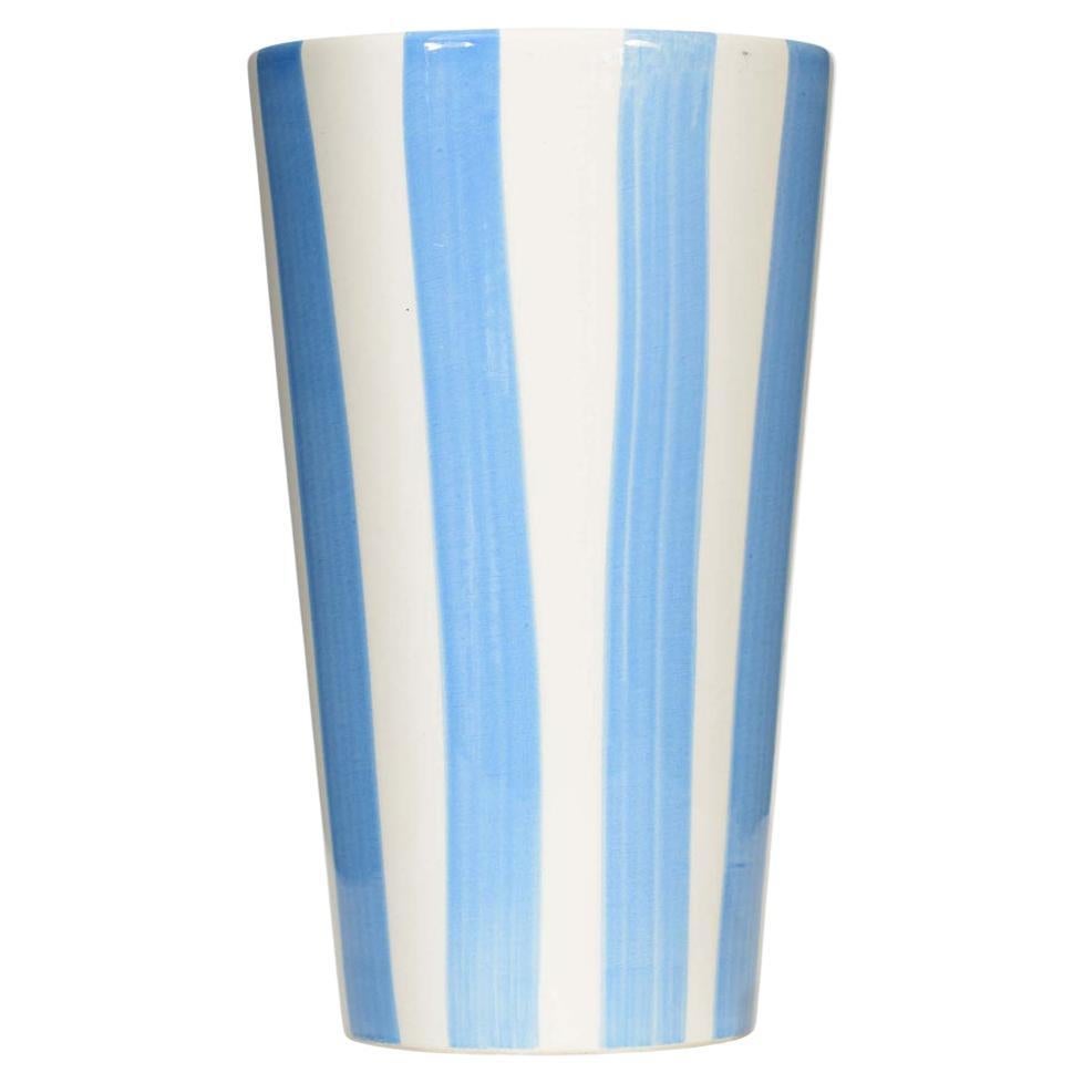 Modern Tall Blue and White Striped Ceramic Vase with Glazed Finish
