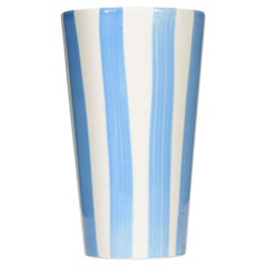 Modern Tall Blue and White Striped Ceramic Vase with Glazed Finish