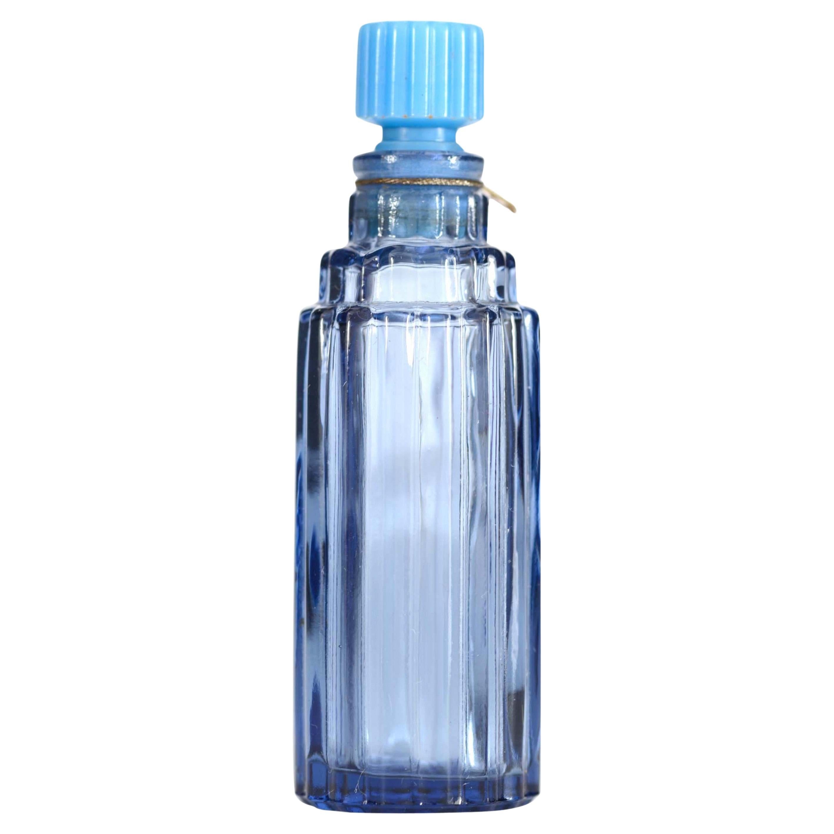 Frasco de perfume francés Art Déco Lalique, vidrio acanalado azul, Francia