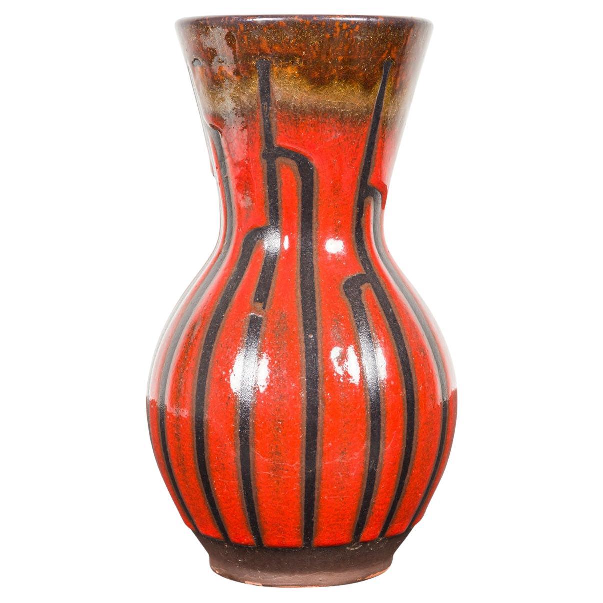 Mid-Century Modern West German Ceramic Vase, Red Black Stripes, 1950s For Sale