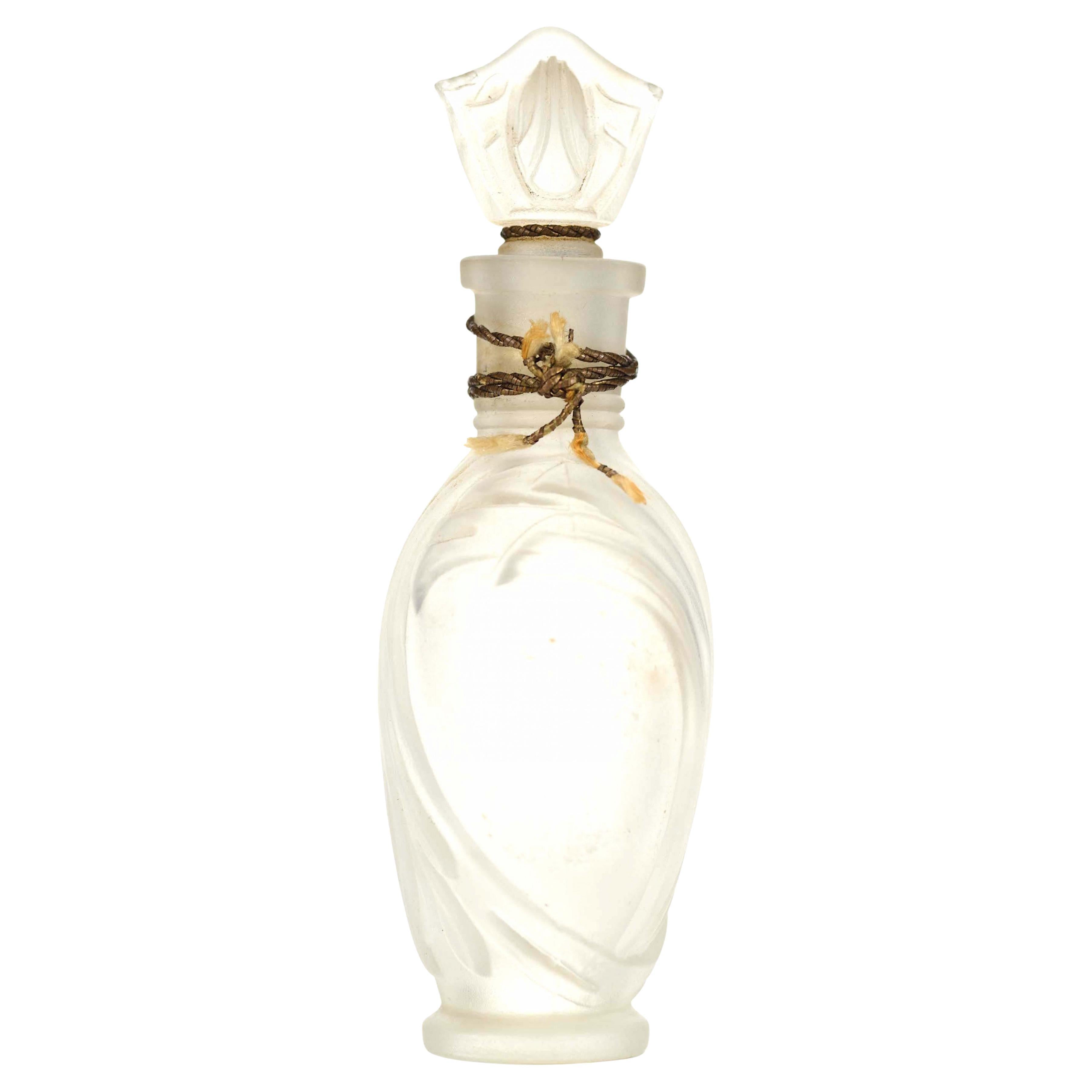 French Art Deco Frosted Glass Perfume Bottle with Decorative Design