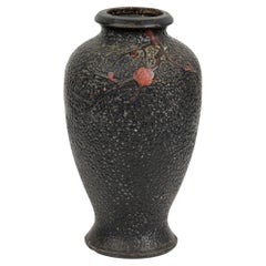Mid-Century Modern Black Ceramic Urn with Bird and Flowers