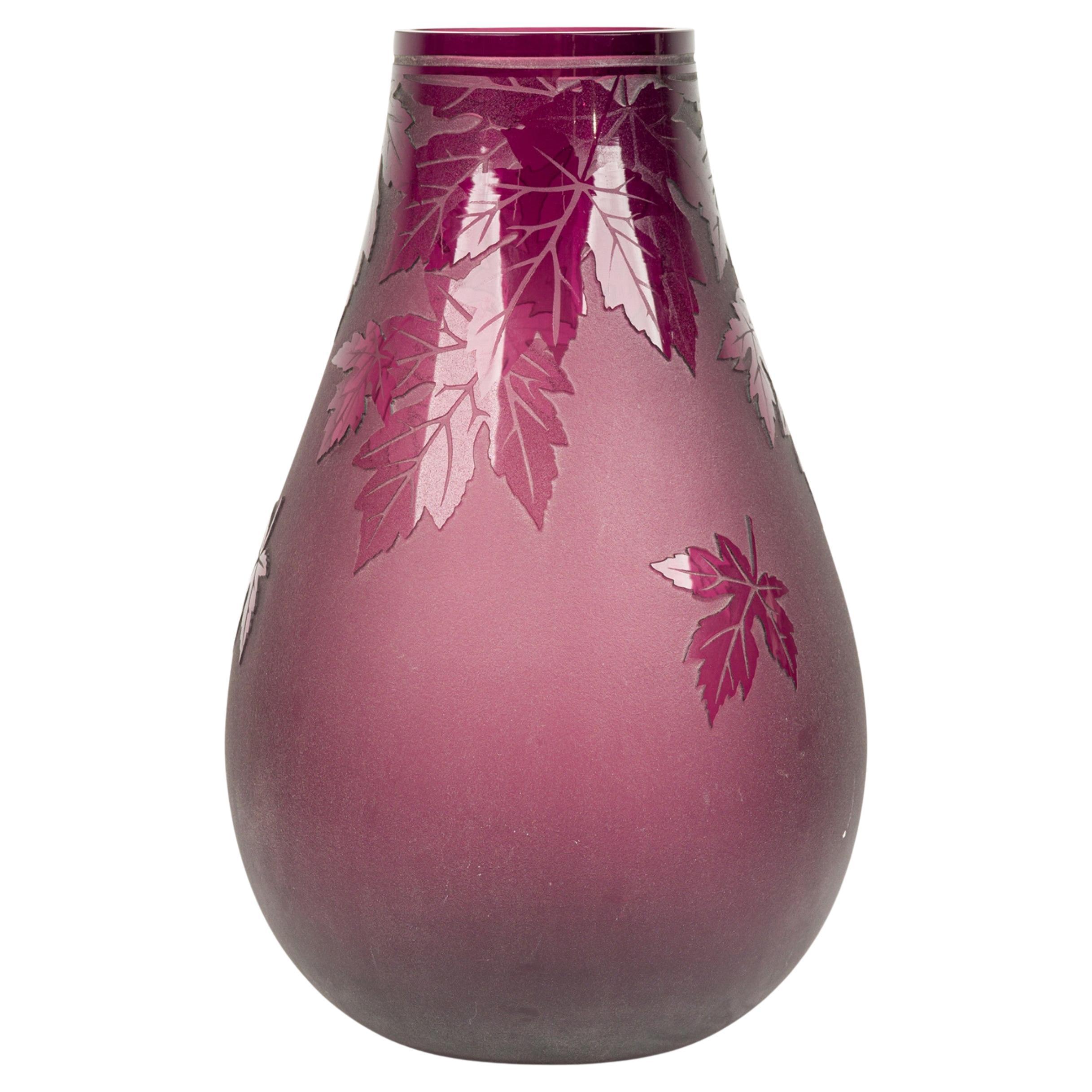 Mid-Century Red Glass Vase with Frosted Leaf Design, 14\ For Sale