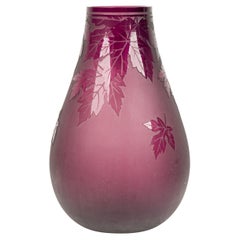 Mid-Century Red Glass Vase with Frosted Leaf Design, 14\