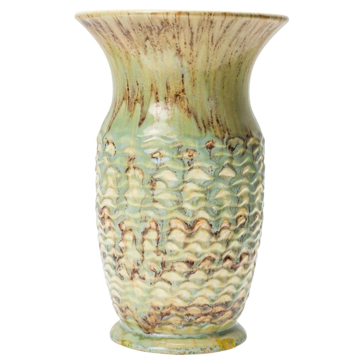 Mid-Century German Ceramic Vase, Drip Glaze in Light Green and Brown