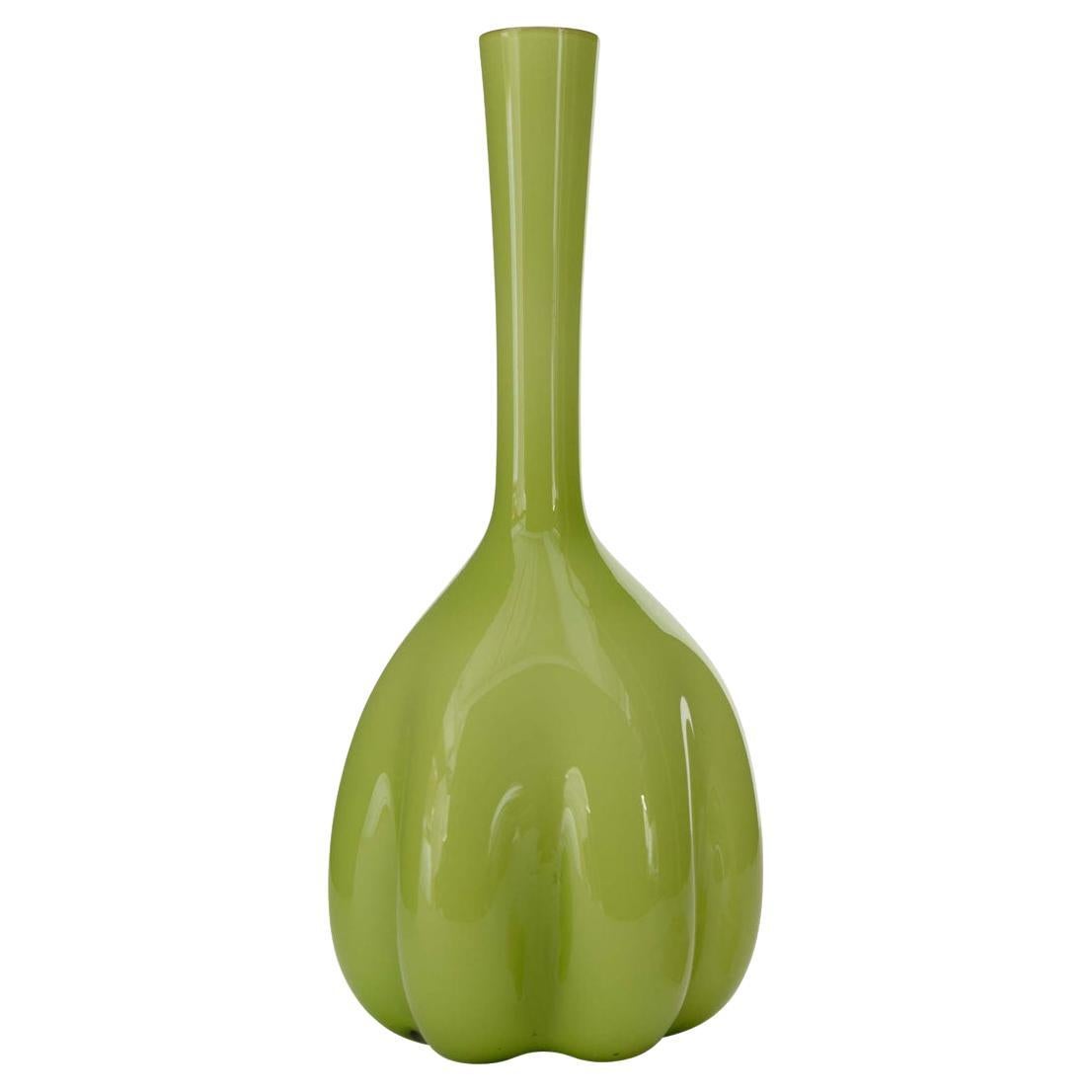 Mid-Century Scandinavian Green Glass Bud Vase with Scalloped Design For Sale