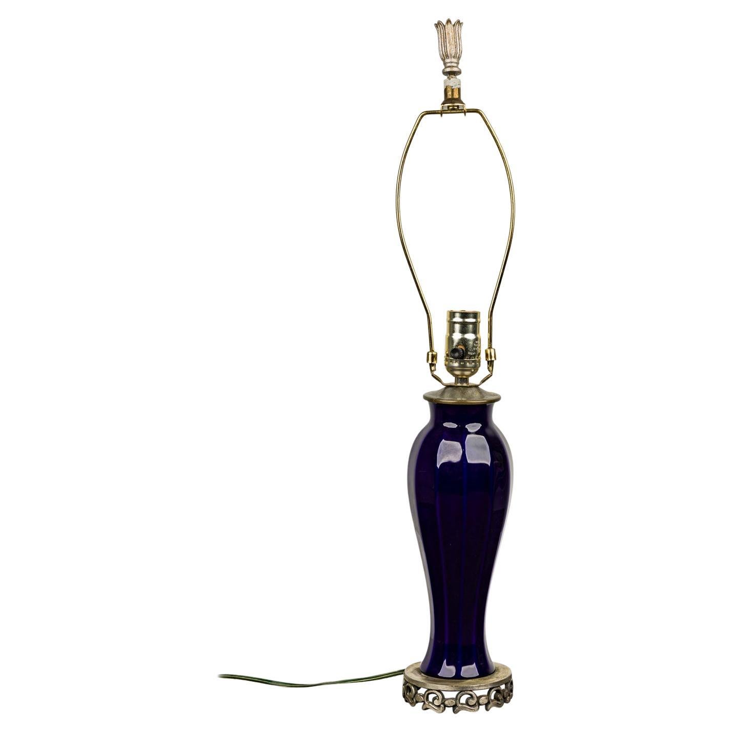 Mid-Century Modern Table Lamp, Ultramarine Blue Glass, Brass Base, USA