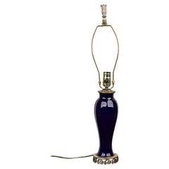 Mid-Century Modern Table Lamp, Ultramarine Blue Glass, Brass Base, USA