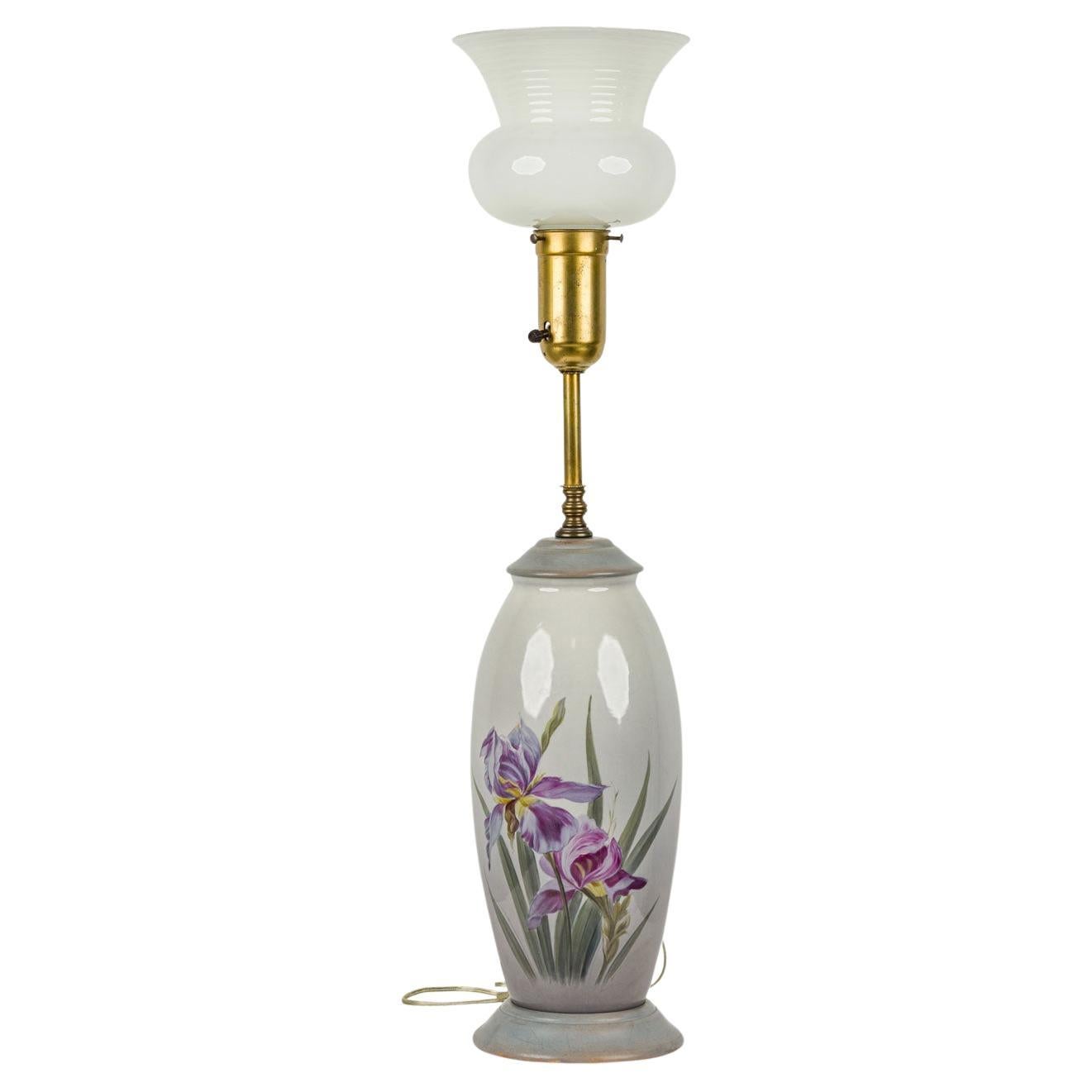 English Mid-Century Table Lamp, Ceramic with Purple Iris Design, UK