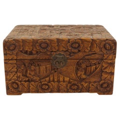 Mid-Century Chinese Carved Wooden Box with Scenic Design, Hinged Top