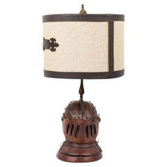 English Renaissance Table Lamp with Brown Leather Knight's Helmet