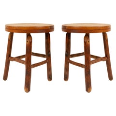 Old Hickory Rustic Stools, Round Oak Tops, Early 20th Century, USA