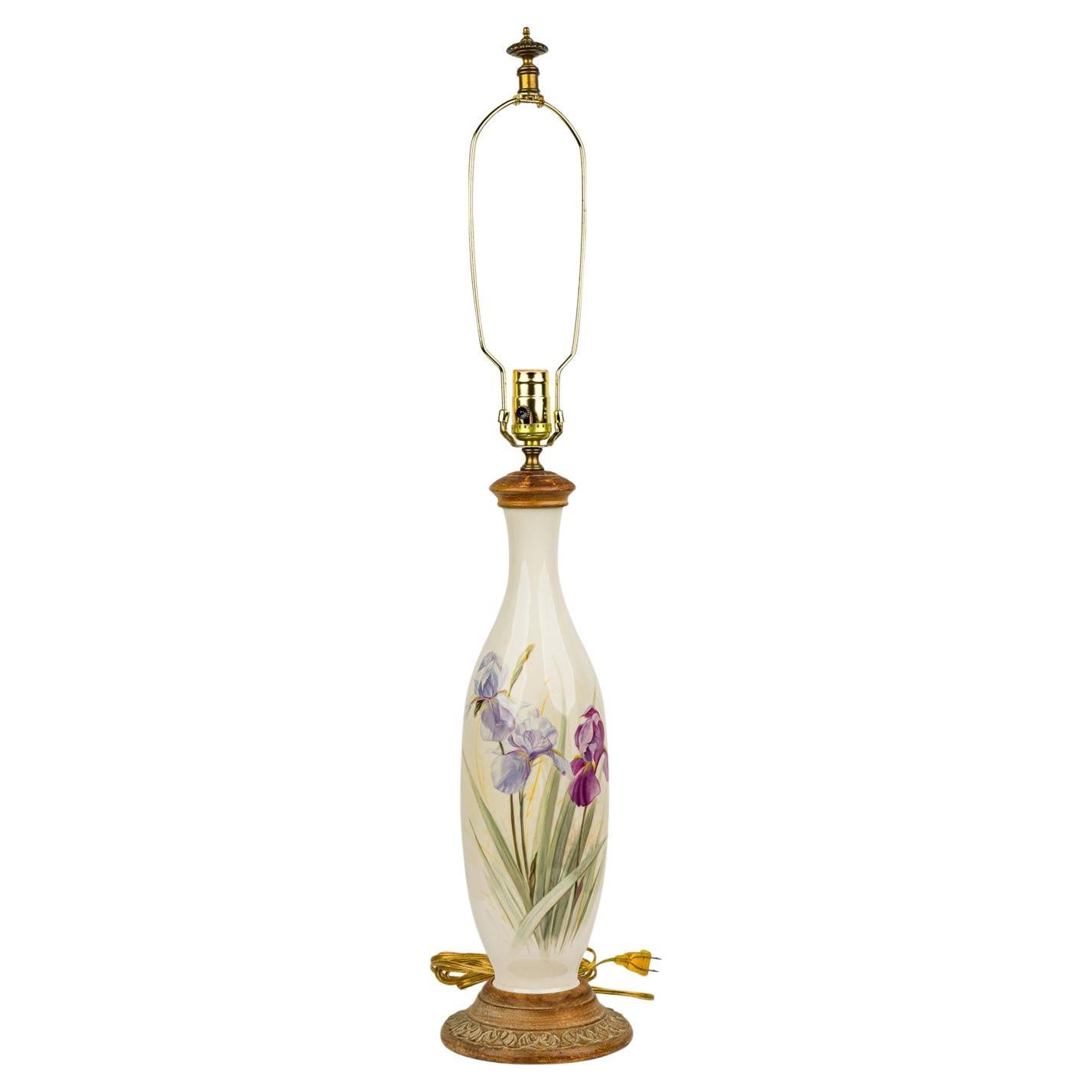 Victorian Table Lamp, Beige Ceramic with Purple Iris, 19th Century For Sale