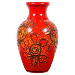 Bay Keramik West German Black Floral Pattern and Red Glazed Ceramic Vase