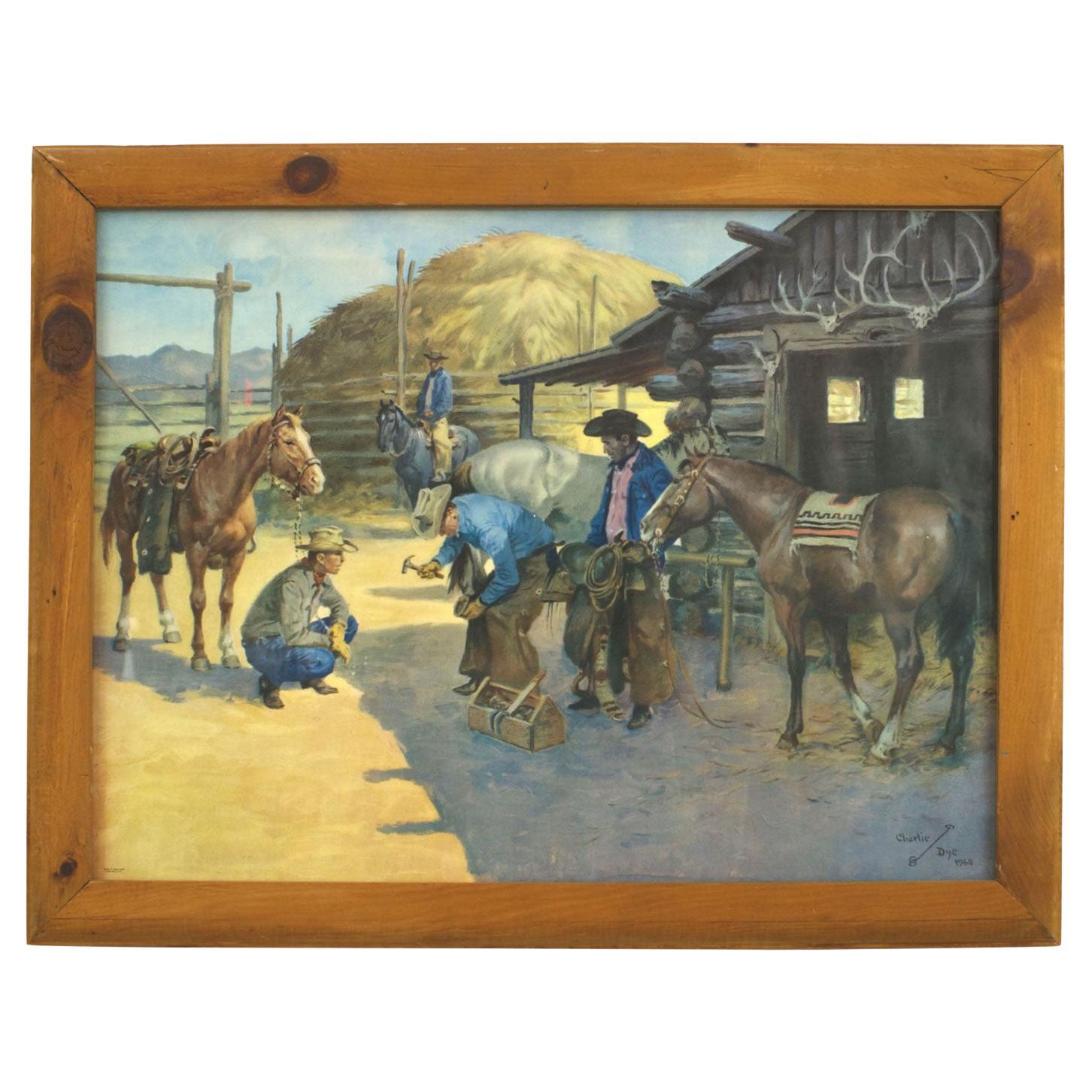 American Western Ranch Scene Print, Rustic Style, Mid-20th Century