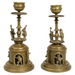 19th Century UK Brass Candlesticks Featuring Gnomes and Dwarves