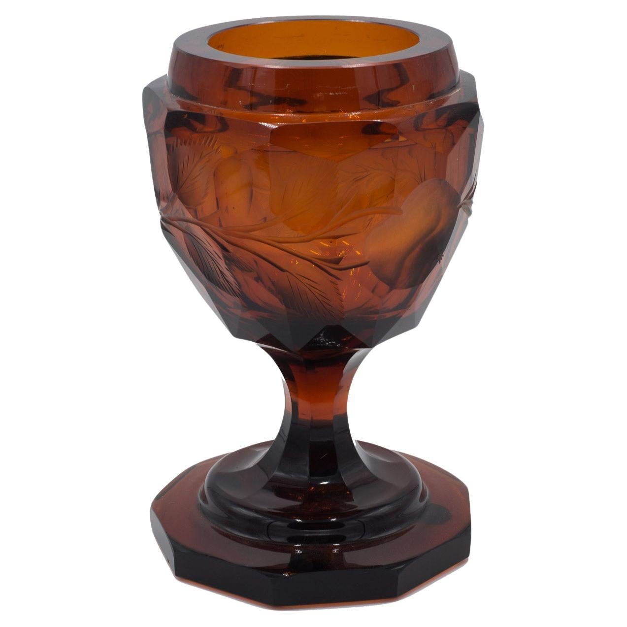19th Century German Biedermeier Amber Cut Glass Floral Urn For Sale