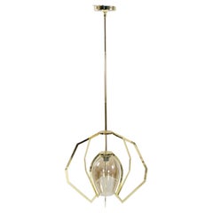 Modernist Brass Pendant Lamps with Amber Glass Shades, 20th Century