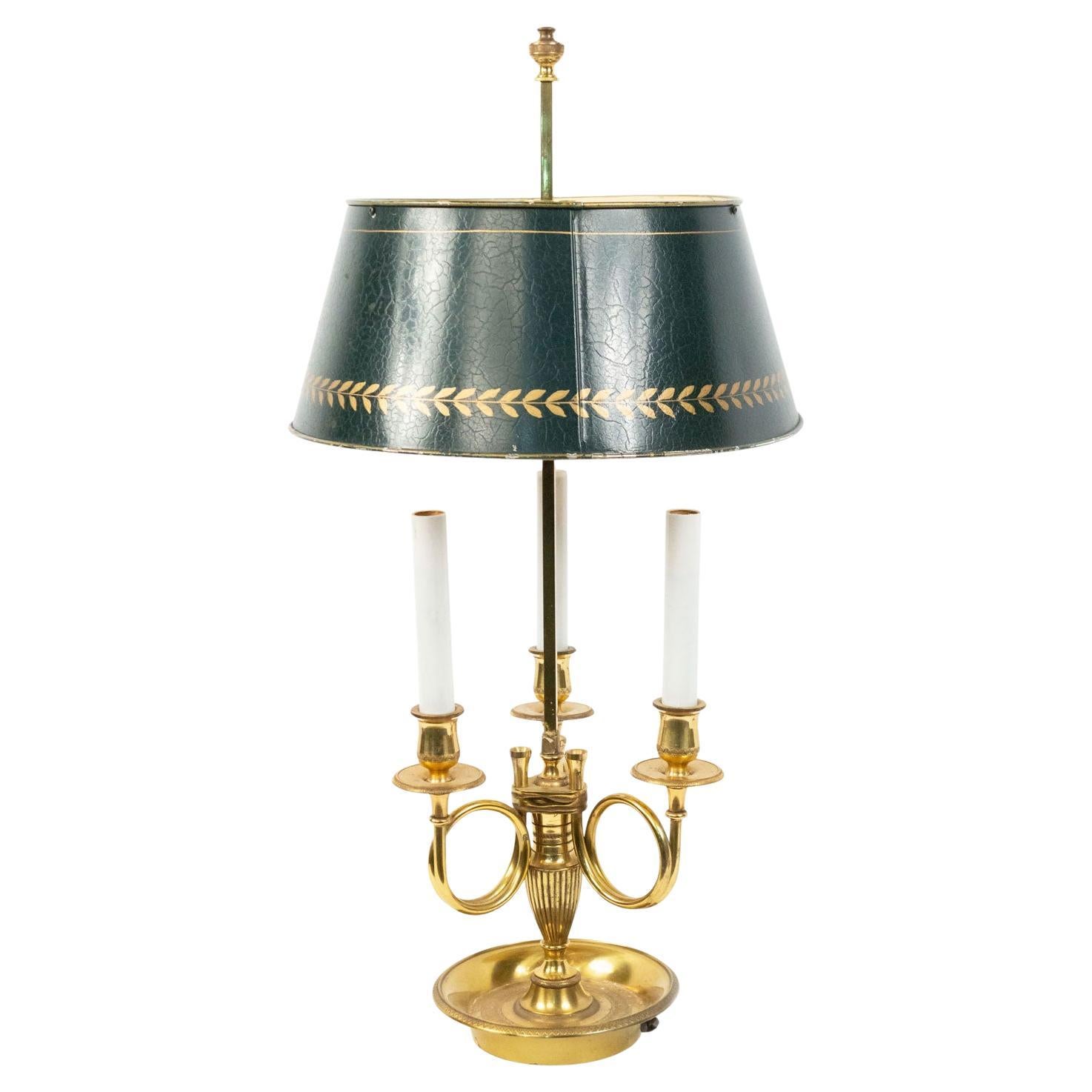 French Empire Brass Bouillotte Table Lamp with Green Shade, Three Arms