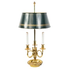 French Empire Brass Bouillotte Table Lamp with Green Shade, Three Arms
