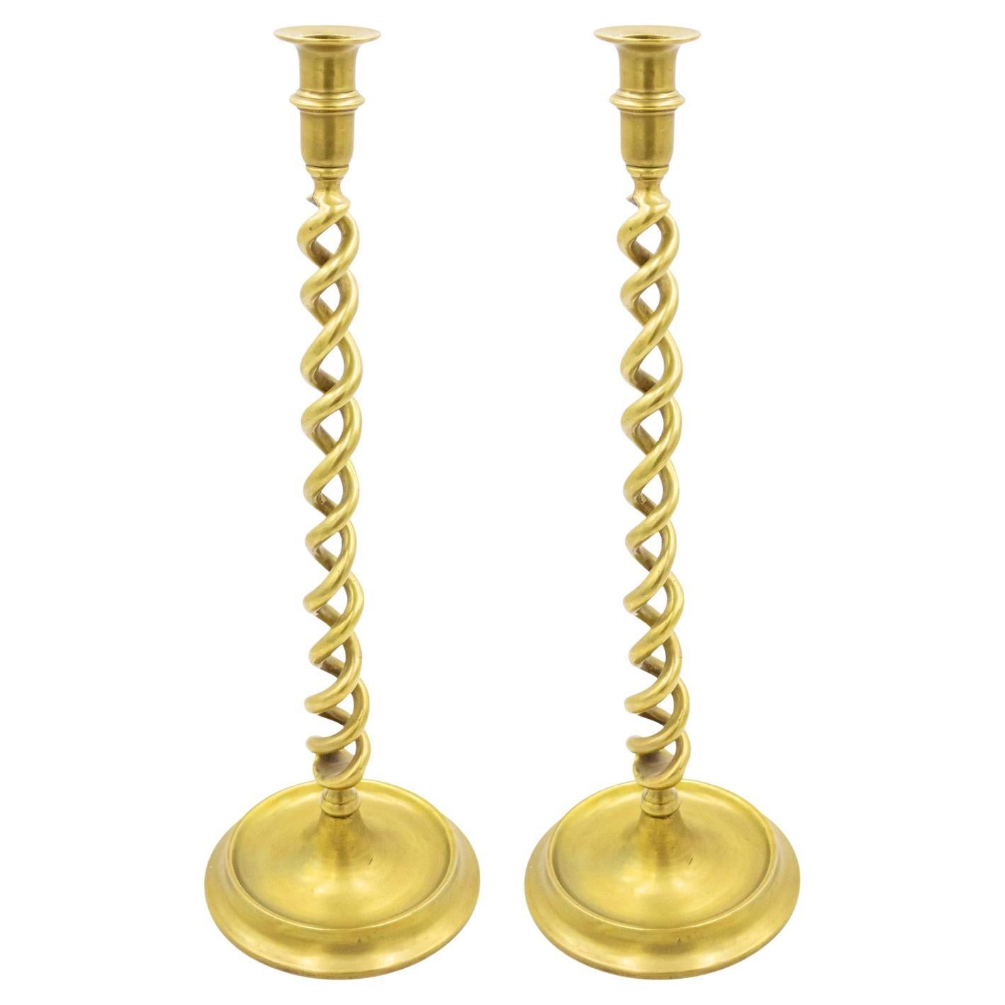 19th Century Italian Renaissance Brass Double Swirl Candlesticks Pair