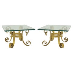 American Mid-Century Gilt Wrought Iron Side Tables, Glass Top, 1940s