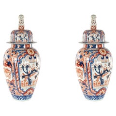 19th Century Japanese Imari Rose Porcelain Vases with Foo Dog Finials
