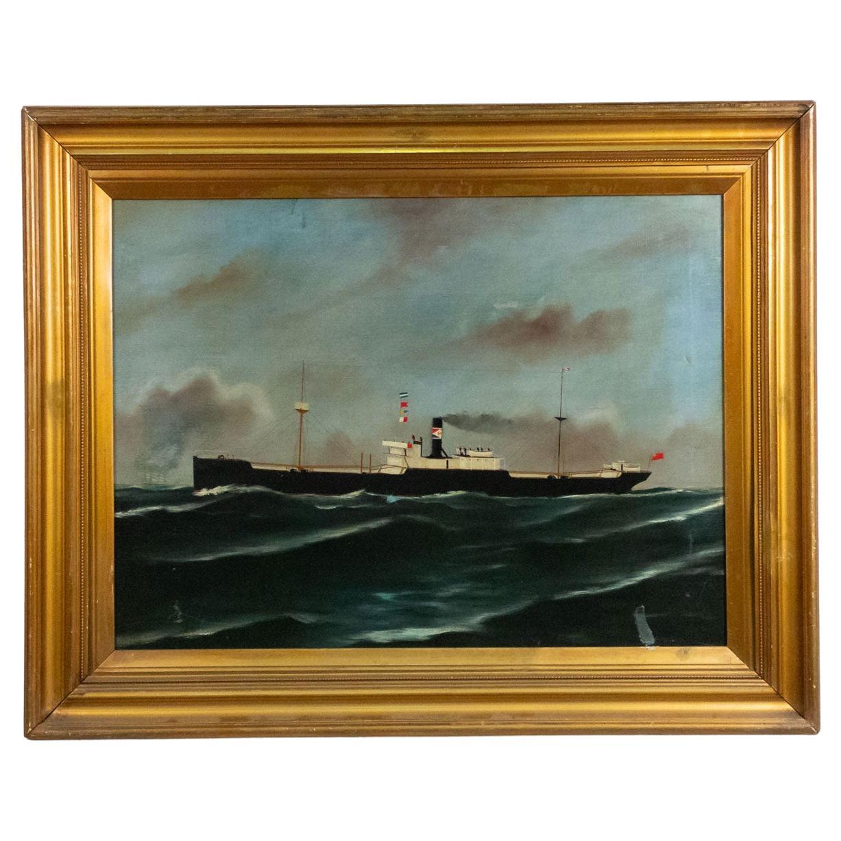 Peinture représentant un paysage marin avec un cargo américain du XXe siècle, dans un cadre doré