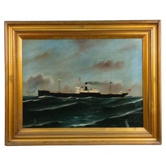 20th Century American Freighter Seascape Painting in Gilt Frame