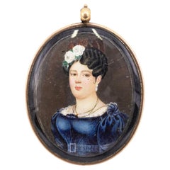 Victorian Style French Miniature Watercolor Portrait in Copper Case