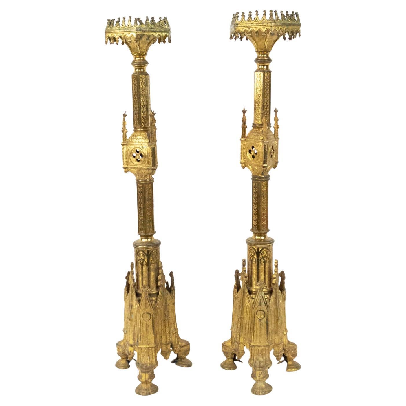 Pair of English Gothic Revival Style Bronze Altar Candlesticks