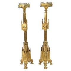 Pair of English Gothic Revival Style Bronze Altar Candlesticks
