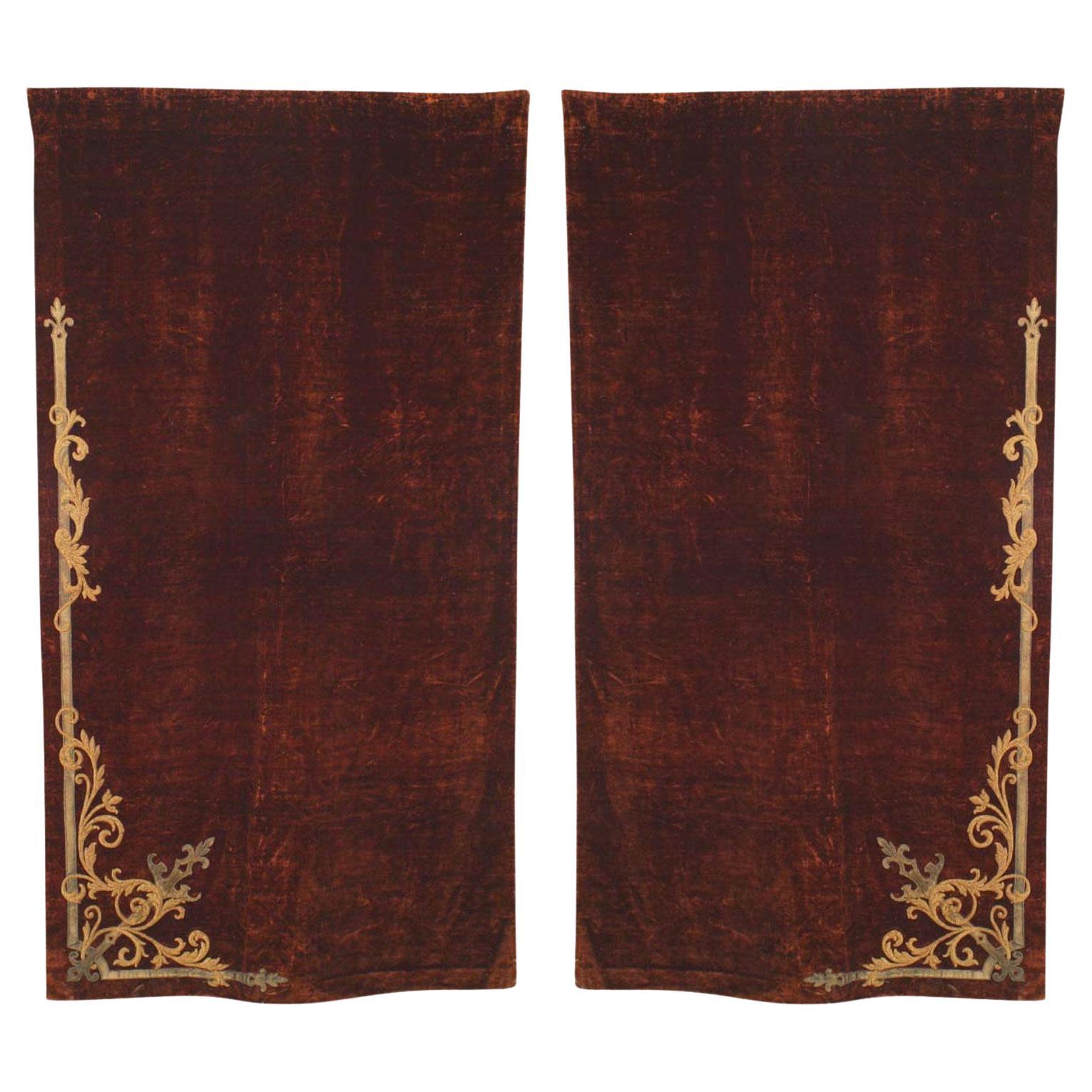 Italian Renaissance Brown Velvet Drapes with Metallic Embroidery