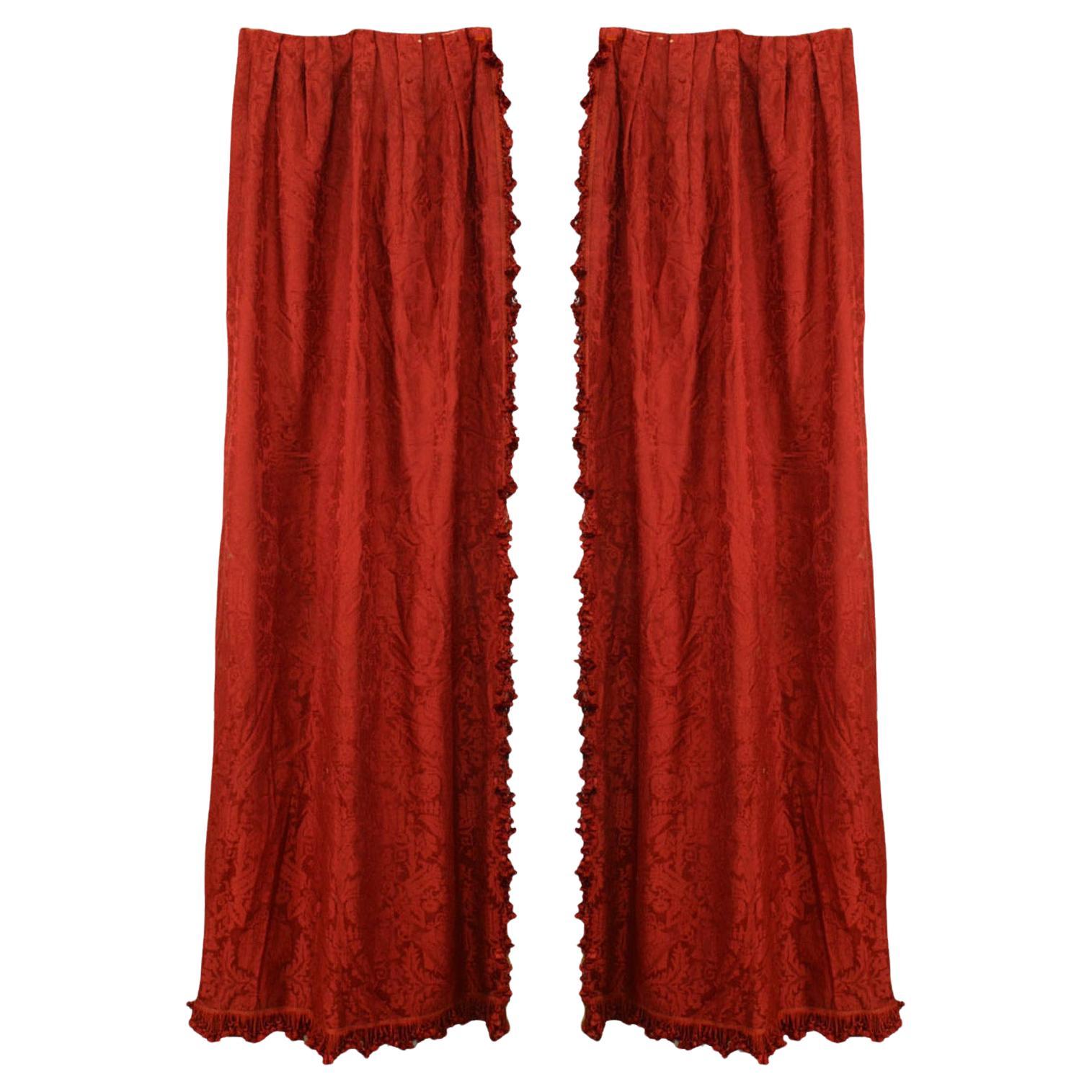 Cortinas de damasco de seda inglés victoriano del siglo XIX en tono rosa intenso, juego de dos en venta