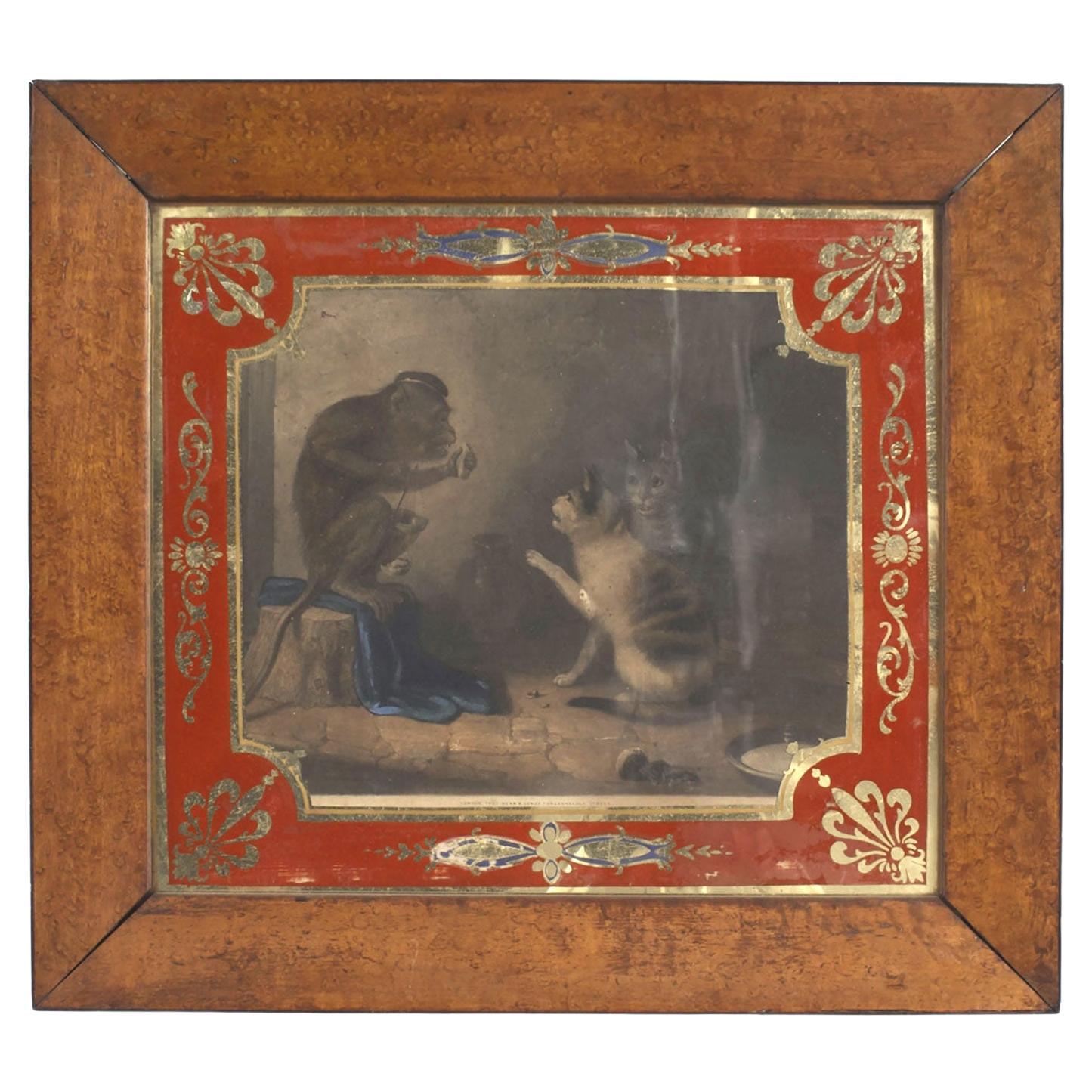 English Country Monkey and Cats Lithograph, 19th Century, Gilt Frame