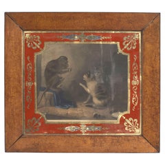 English Country Monkey and Cats Lithograph, 19th Century, Gilt Frame