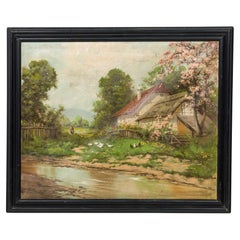 Victorian Oil Painting of House by Creek, Signed, 19th Century, UK