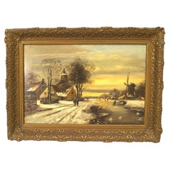 19th Century Continental Dutch Landscape Oil Painting in Gilt Frame